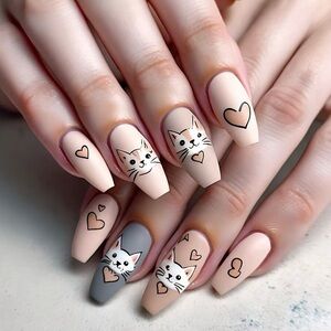 Designer 24Pcs Cat & Heart Theme Long Glossy Press on Nails